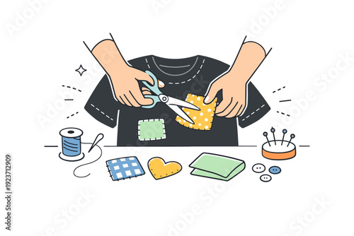 Upcycling old clothes. A person transforming an old garment into a new piece using scissors and fabric pieces, expressing creativity and reuse. Focused