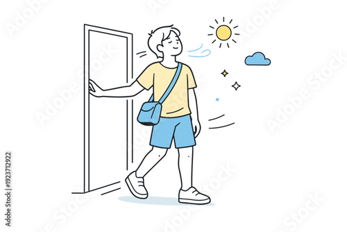 Seasonal reset feelings. A person stepping outside with lighter clothing, pausing briefly as if noticing the air. Fresh start energy, gentle optimism, soft