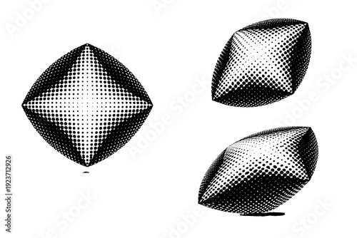 Halftone geometric motif A geometric halftone motif shown in three views including straight-on view, rotated view, and three-quarter perspective view. Black