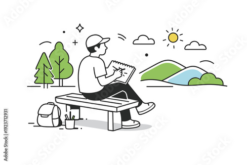 Outdoor painting and sketching ? Person sketching landscapes outdoors. Sitting on a bench with a sketchbook, trees and hills nearby, relaxed observation and