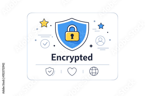 data protection badge. A UI card featuring a badge with a shield and lock icon titled ?Data Safe? or ?Encrypted?, floating stars and dots