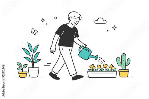People watering plants again as daily habit. A character holds a watering can, focused and relaxed, moving slowly between plants. Sense of routine returning