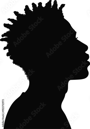 Silhouette human profile head, spiked hairstyle, side view, unique outline, artistic design, identity concept, portrait silhouette, modern style