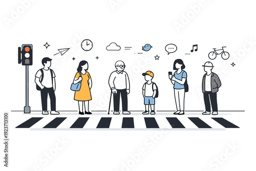 Standing at crossings. Several people of different ages waiting at a wide intersection, evenly spaced. A neutral urban scene focused on timing, patience, and