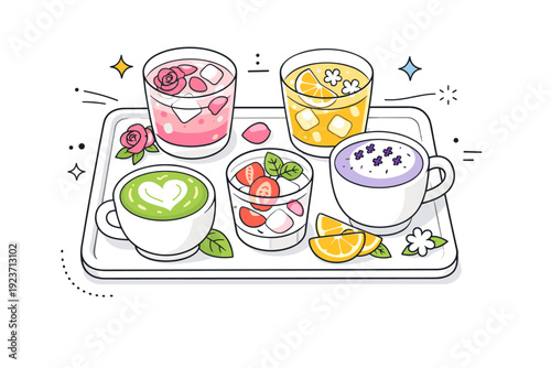 Seasonal spring drinks menu. A flatlay of pastel-colored lattes, floral-infused drinks, and fresh fruit garnishes on a clean tray, abstract floating stars and