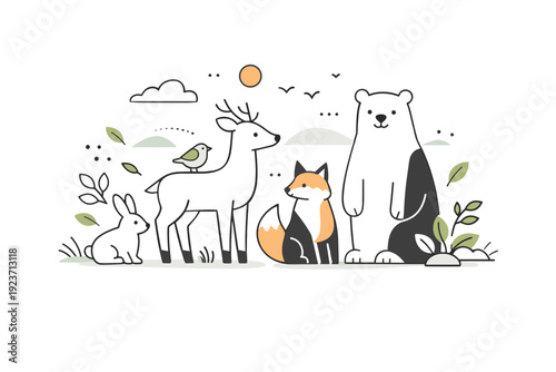 Animals and wildlife. A calm scene with simple animal figures standing together in a natural setting with plants and soft landscape shapes. Editorial