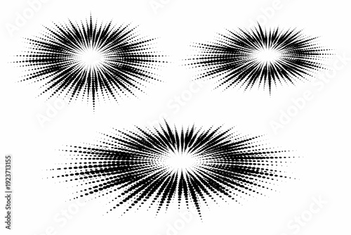 Comic radial halftone dot texture shown as a single object presented in three views: flat top view, angled view, and three-quarter perspective view. Black and