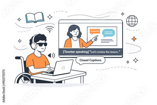 Accessible learning environment. A student engages with a digital classroom using assistive tools such as captions and screen readers, abstract floating lines
