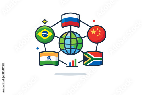 BRICS economies representing emerging market cooperation and shared global influence. A compact visual metaphor with interconnected country symbols forming a