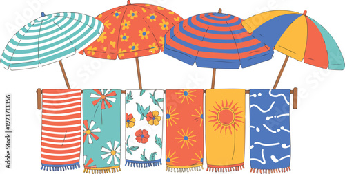 Beach Vacation Vector Set with Colorful Umbrellas and Towels Summer Seaside Flat Design Collection