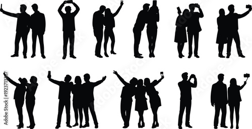Silhouette people taking selfies, smartphone photography, modern culture, social media, group poses, peace sign, digital lifestyle, contemporary behavior