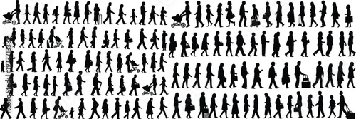 Silhouette people walking in rows, diverse crowd, strollers, carrying bags, children, urban lifestyle, daily activity, movement, diversity, community