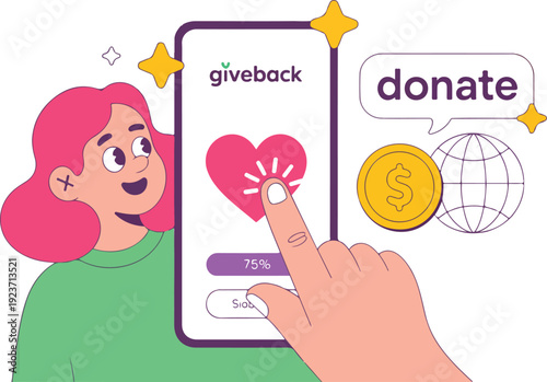 Online fundraising concept illustration, person holding heart symbol to represent donation and humanitarian support, modern flat design, clean lines, soft color palette, web and app landing page style