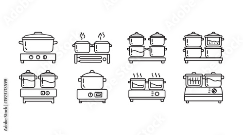 Various Cooking Pots on Stoves Collection Icons Line Art