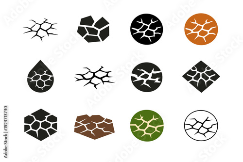 cracked earth. Icon set. Set Logo of cracked earth: parched terrain symbol. harmonious logo variations of the same emblematic concept, each with different