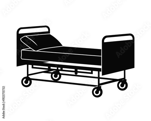 Black and white silhouette of a mobile hospital bed with adjustable backrest and wheels