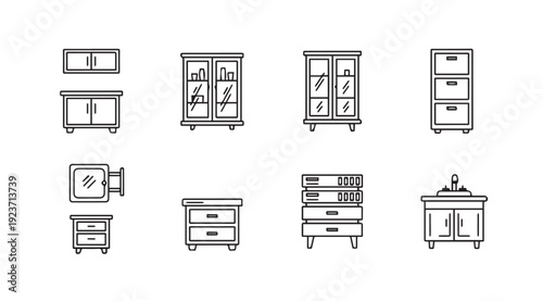 Various Furniture Icons: Cabinets, Drawers, and Vanity - Line Art