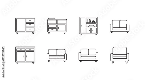 Various furniture icons including sofas and cabinets, line art style, isolated on white background.