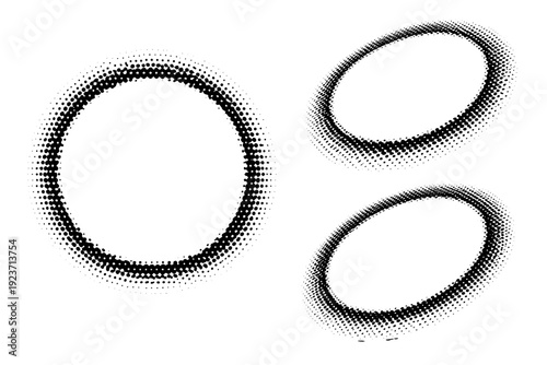 Halftone dotted circular border frame shown as a single object presented in three views: front view, angled view, and three-quarter view.