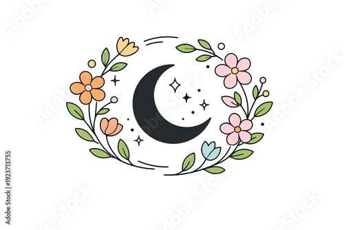 Crescent moon spring designs. Crescent moon framed by light petals and curved stems, elegant greeting-card style composition with calm spring symbolism.