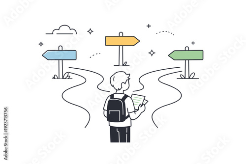 Mentorship absence. A lone character facing a complex path with signposts missing labels, holding notes without guidance. Quiet uncertainty and self-navigation