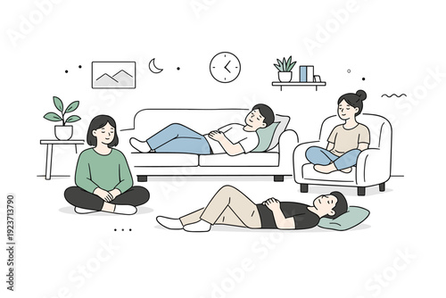 Hanging out without activity. A quiet room shows people sitting or lying comfortably, eyes relaxed, no conversation or motion implied. The scene conveys rest,