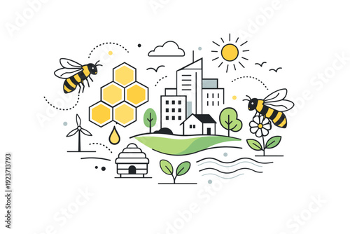Sustainable city beekeeping concept. A symbolic close-up composition combining bees, honeycomb patterns, and minimal city elements,