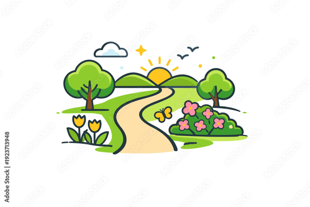 Fototapeta premium Casual walk in spring park simple path surrounded by fresh greenery and blossoms, reflecting slow living, clarity and seasonal joy. Minimalist flat vector