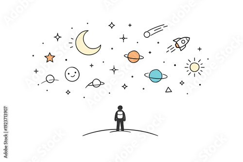 Abstract stargazing concept. A small human figure beneath a wide sky filled with stars, moon, and simple cosmic symbols. Sense of scale, quiet awe, and
