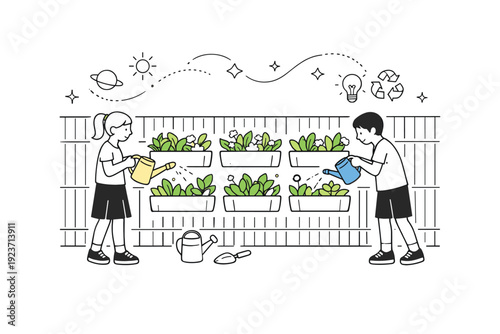 Vertical garden in schoolyard. Students watering wall-mounted planters with bright greenery growing along a fence, abstract floating lines and stars