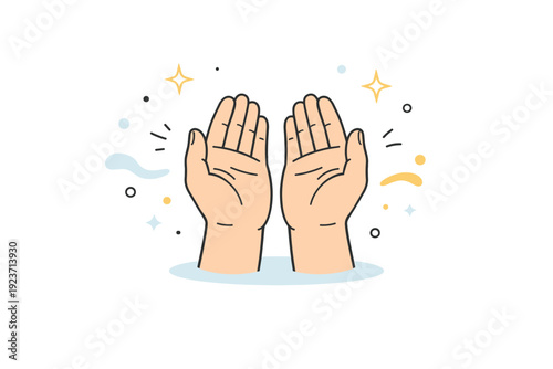 Quiet supplication. A simple editorial scene of hands raised in dua, surrounded by gentle stars and abstract light shapes, expressing hope and humility. The