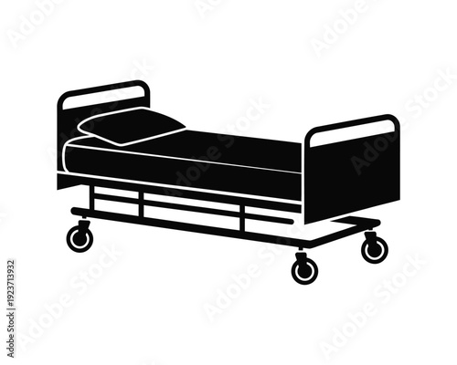 Black and white silhouette of a mobile hospital bed with pillows and wheels medical