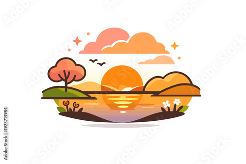 Spring sunset warm evening light settling over a calm landscape with soft clouds and gentle color transitions, expressing closure, reflection, and seasonal