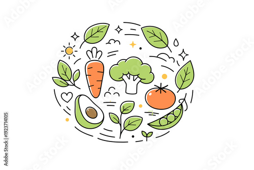 Vegan food. Abstract scene with vegetables and leaves forming a gentle circular composition, visual metaphor for sustainability and natural choices. Minimalist