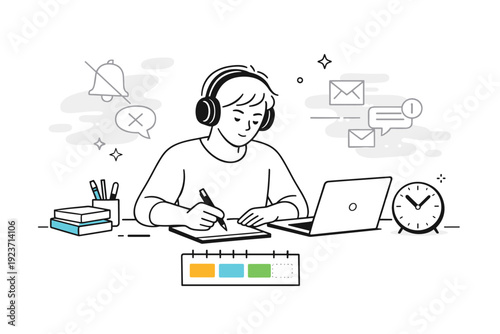 Focused work session. A person wearing headphones and working on tasks, with muted notifications and abstract shapes fading away. Sense of concentration,