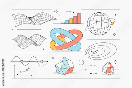 Parametric inspired layouts. Modern abstract composition with wave-like grids and generative shapes arranged precisely across the canvas. Quiet mathematical