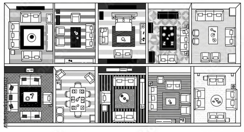 Detailed architectural floor plan showcasing various room layouts and interior designs for residential spaces.