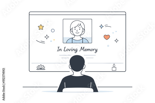 Virtual memorial space. A person views a calm digital tribute page with soft imagery and a photo of a loved one, abstract floating stars and dots symbolizing