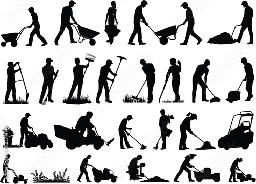 Silhouette gardeners working with tools, planting, digging, mowing, landscaping, vector illustration, gardening activities, outdoor work, stock art collection