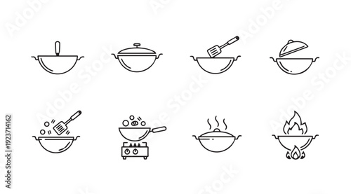 Wok Cooking Icons: Stir-fry, Boiling, Frying, and More - Stock Line Art