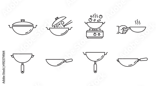 Wok Cooking Icons Set: Stir-fry, Steaming, and Frying Techniques