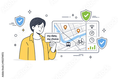 Digital rights in urban mobility. A person holding a card labeled ?my data, my choice? next to a city map interface, abstract stars and