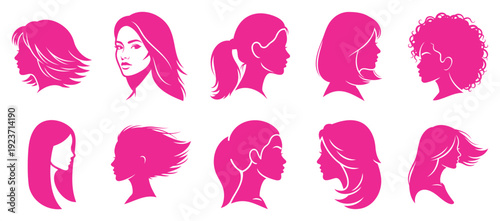 Diverse Female Silhouettes with Various Hairstyles, Pink Flat Design Vector Illustration