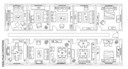 Detailed architectural floor plan showcasing residential layouts and interior design elements.