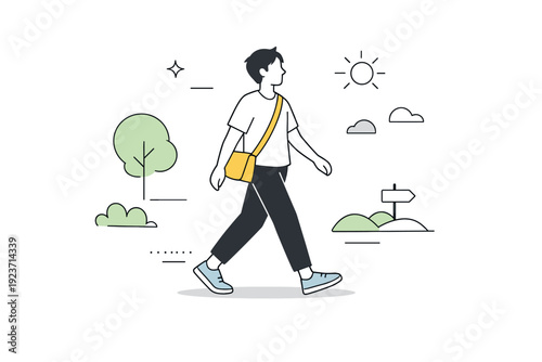 Gender-neutral lifestyle scenes. Person walking outdoors with relaxed posture, simple outfit and abstract environment hints. Everyday movement and freedom