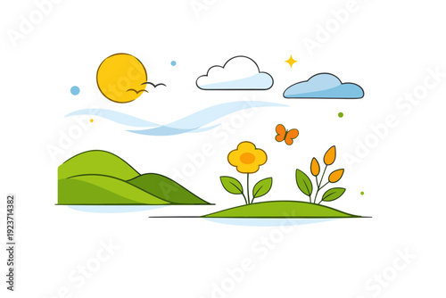 Spring photography background soft abstract shapes inspired by sky and greenery arranged in a calm balanced composition, expressing freshness, light and