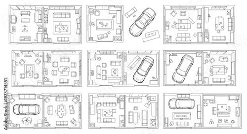 Detailed architectural floor plans showcasing various interior layouts and designs for different spaces.