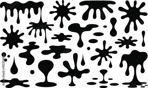 Varied collection of black liquid blobs and paint splatters on a clean white surface