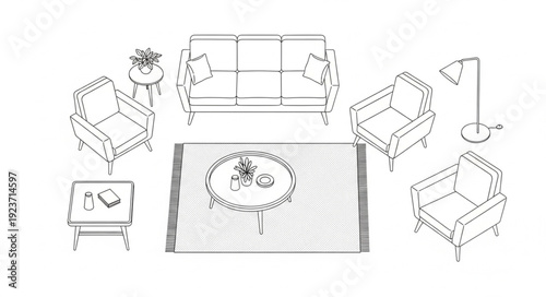 Living room furniture arrangement with sofa, armchairs, rug, and lamp, creating a cozy interior.
