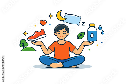Healthy lifestyle person balancing simple daily habits like movement, hydration and rest, expressing wellbeing, mindfulness and sustainable self-care. A